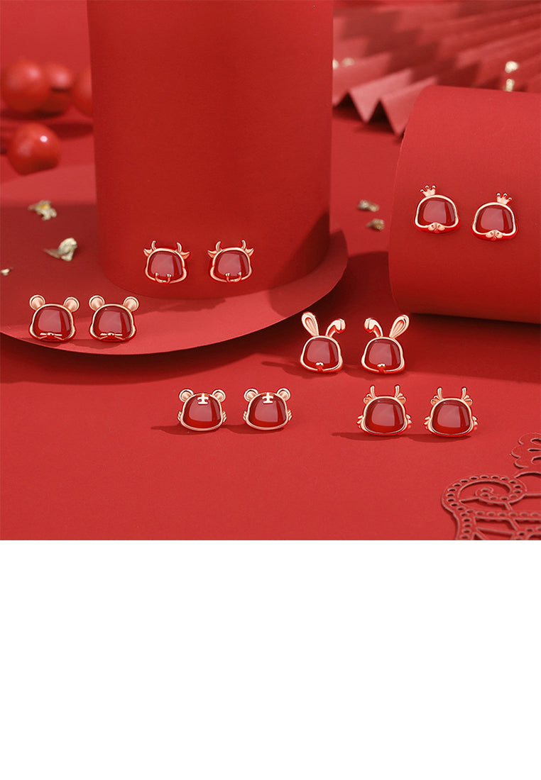 925 Sterling Silver Plated Rose Gold Simple and Cute Twelve Zodiac Mice Imitation Agate Stud Earrings
