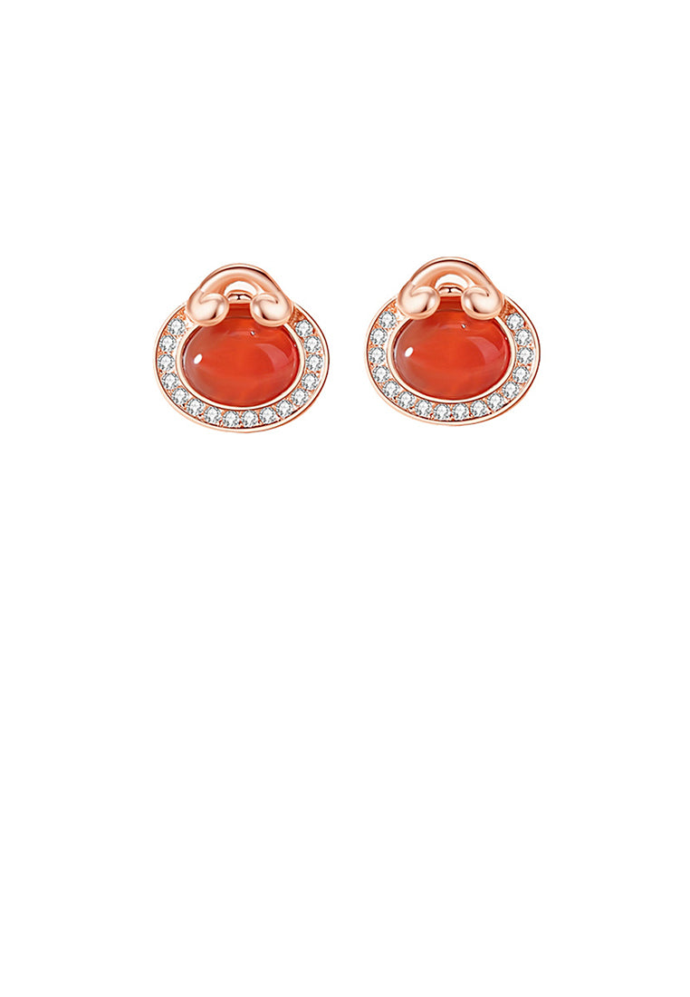 925 Sterling Silver Plated Rose Gold Simple Vintage Money Bag Red Imitation Agate Earrings with Cubic Zirconia - Luxurious Look - Vibrant Color