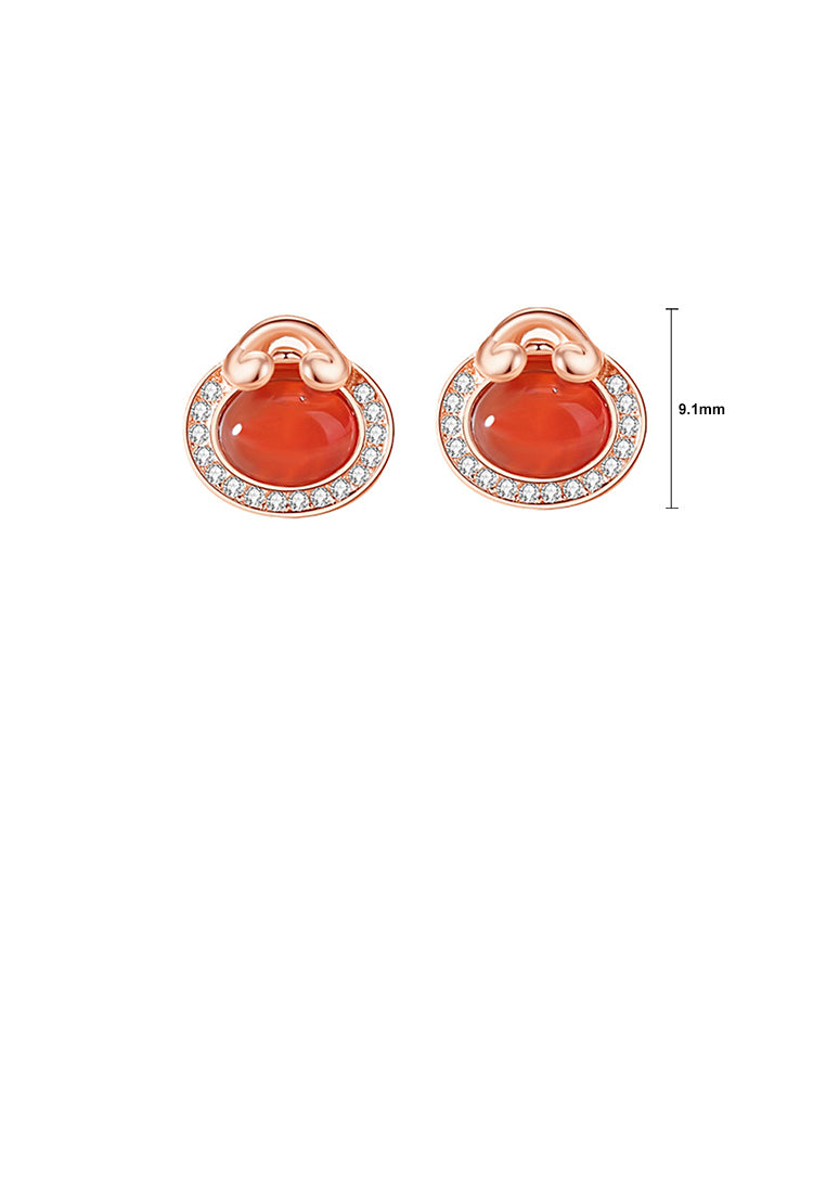 925 Sterling Silver Plated Rose Gold Simple Vintage Money Bag Red Imitation Agate Earrings with Cubic Zirconia - Luxurious Look - Vibrant Color