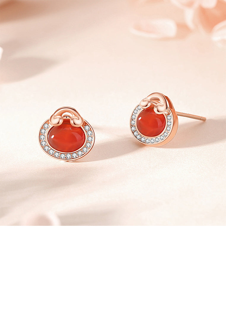 925 Sterling Silver Plated Rose Gold Simple Vintage Money Bag Red Imitation Agate Earrings with Cubic Zirconia - Luxurious Look - Vibrant Color