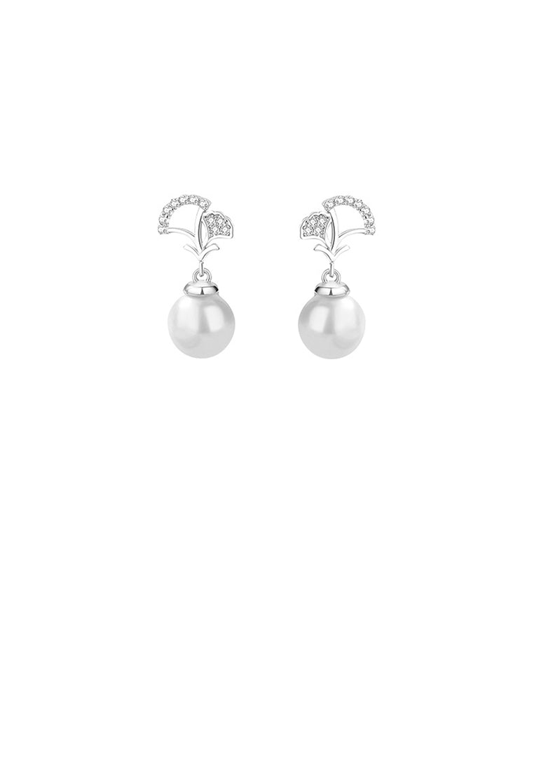 925 Sterling Silver Fashion Simple Ginkgo Leaf Imitation Pearl Earrings with Cubic Zirconia - Luxurious Look