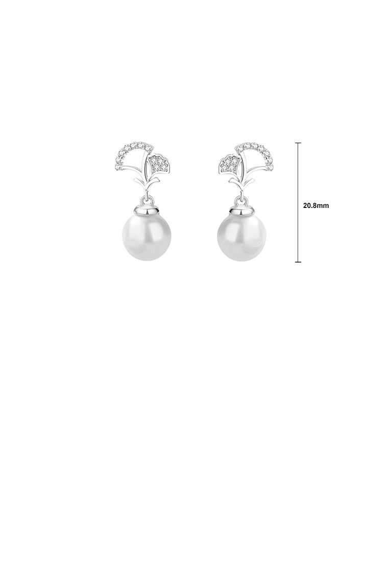 925 Sterling Silver Fashion Simple Ginkgo Leaf Imitation Pearl Earrings with Cubic Zirconia - Luxurious Look