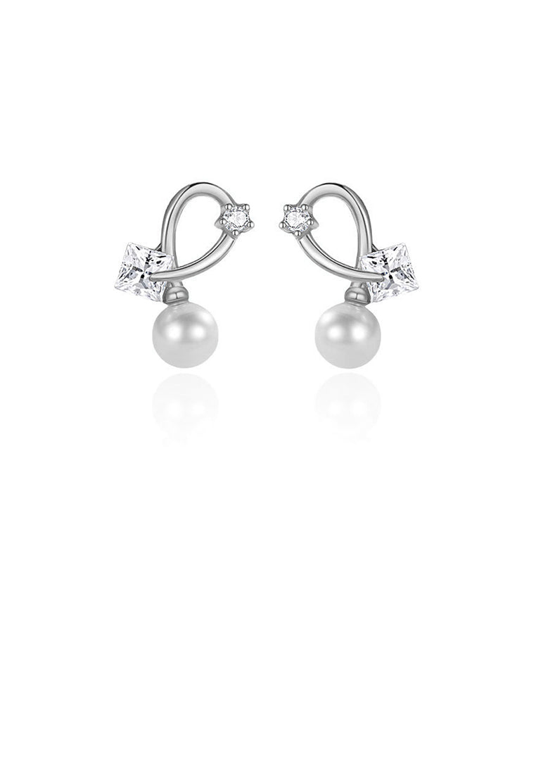 925 Sterling Silver Simple Fashion Line Imitation Pearl Earrings with Cubic Zirconia - Luxurious Look