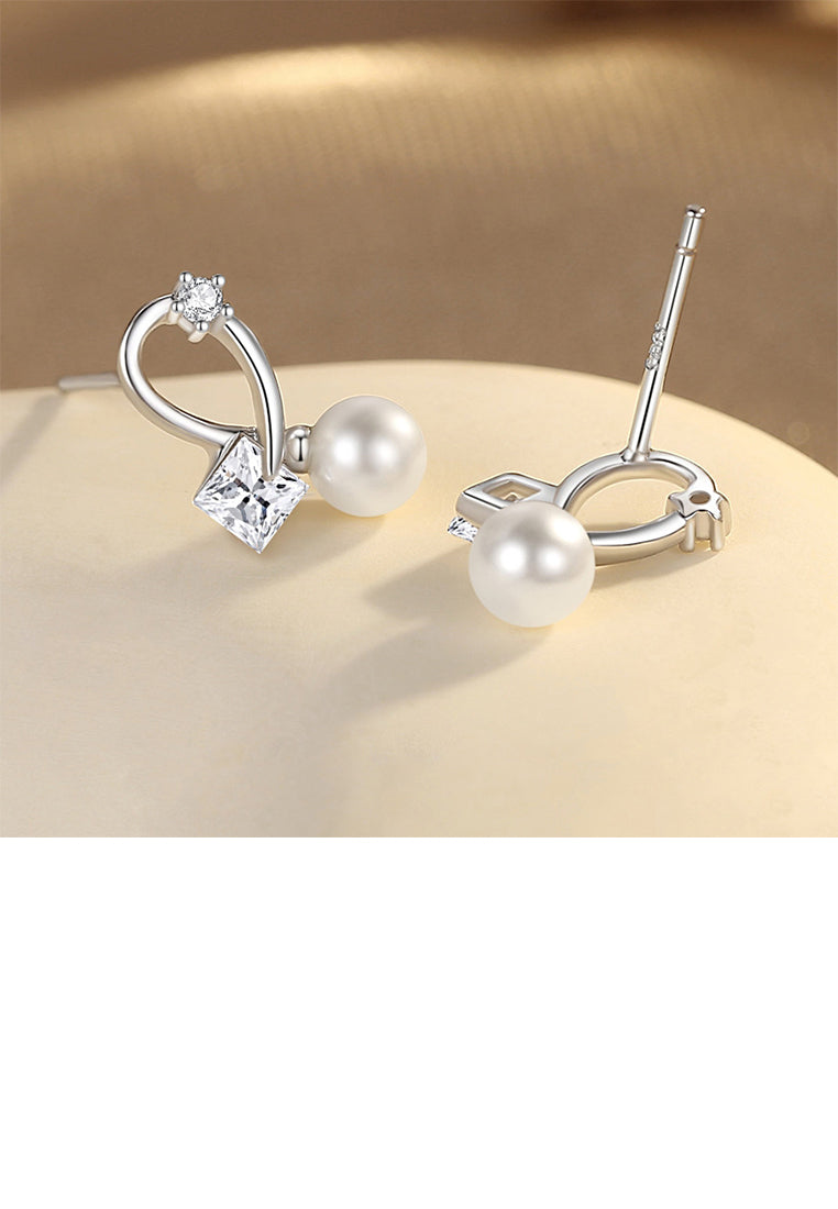 925 Sterling Silver Simple Fashion Line Imitation Pearl Earrings with Cubic Zirconia - Luxurious Look
