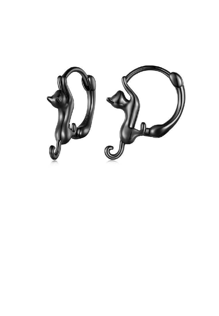 925 Sterling Silver Plated Black Lovely Cat Geometric Circle Earrings