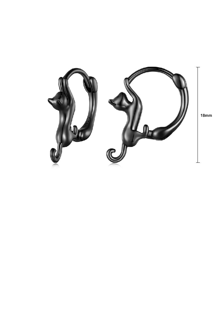 925 Sterling Silver Plated Black Lovely Cat Geometric Circle Earrings