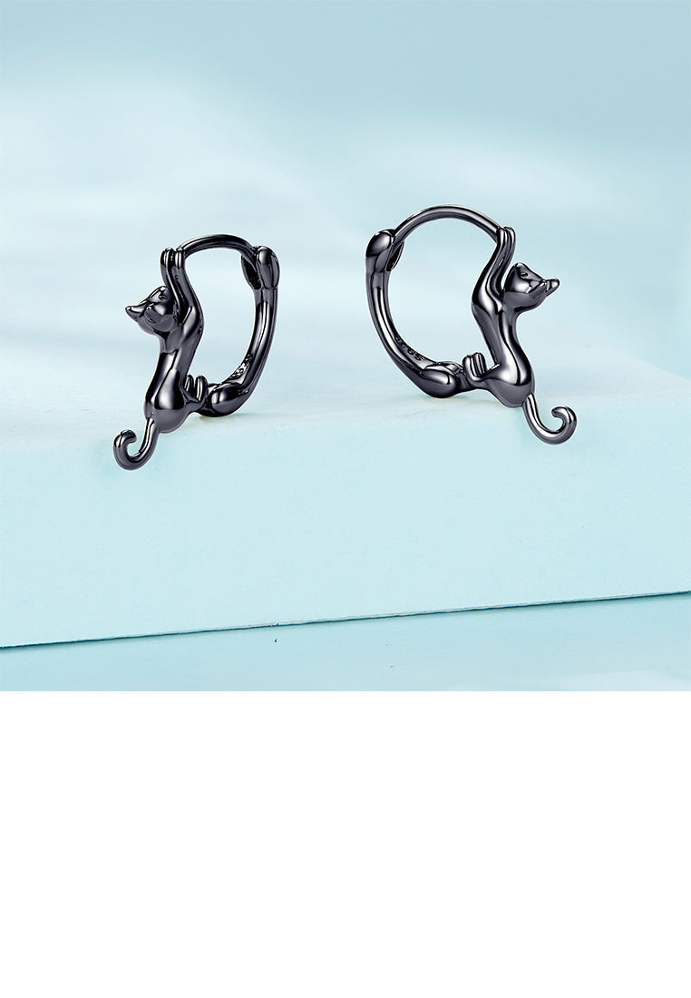 925 Sterling Silver Plated Black Lovely Cat Geometric Circle Earrings