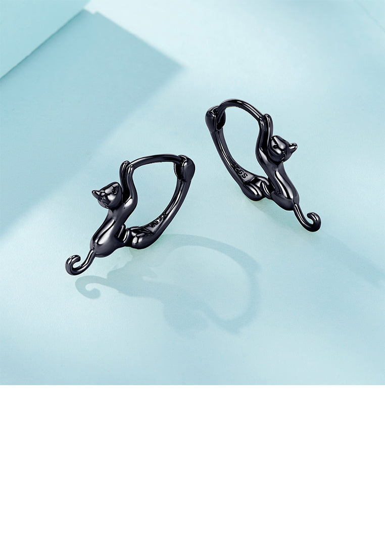 925 Sterling Silver Plated Black Lovely Cat Geometric Circle Earrings
