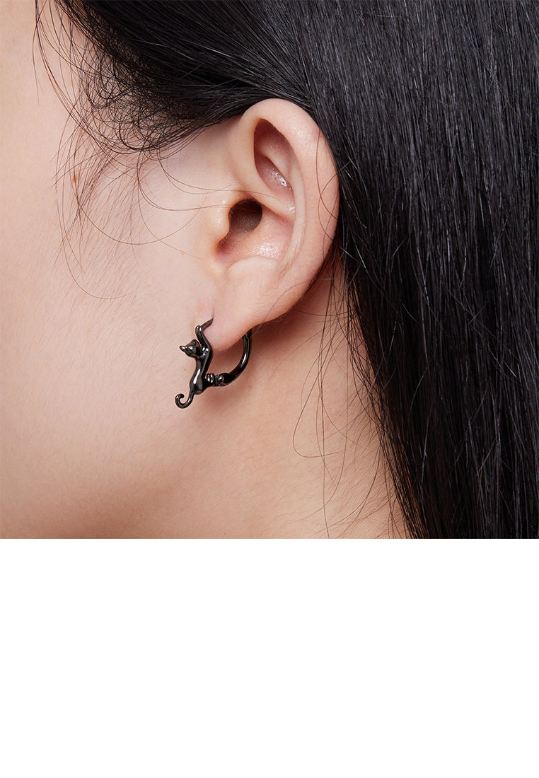 925 Sterling Silver Plated Black Lovely Cat Geometric Circle Earrings