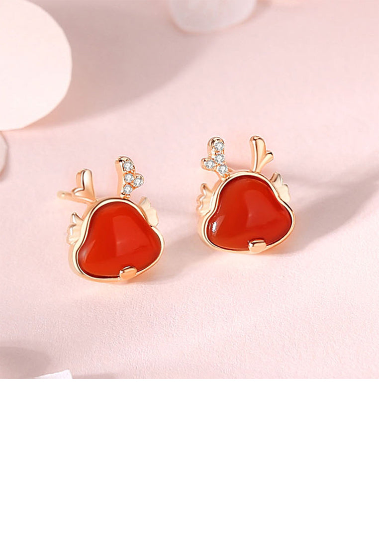 925 Sterling Silver Plated Rose Gold Simple and Cute Zodiac Dragon Imitation Agate Stud Earrings with Cubic Zirconia - Luxurious Look