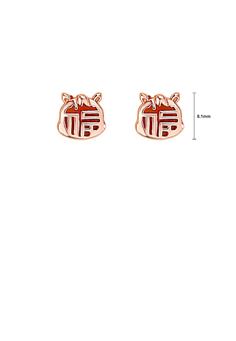 925 Sterling Silver Plated Rose Gold Simple Vintage Zodiac Horse Imitation Agate Stud Earrings with Blessing Character