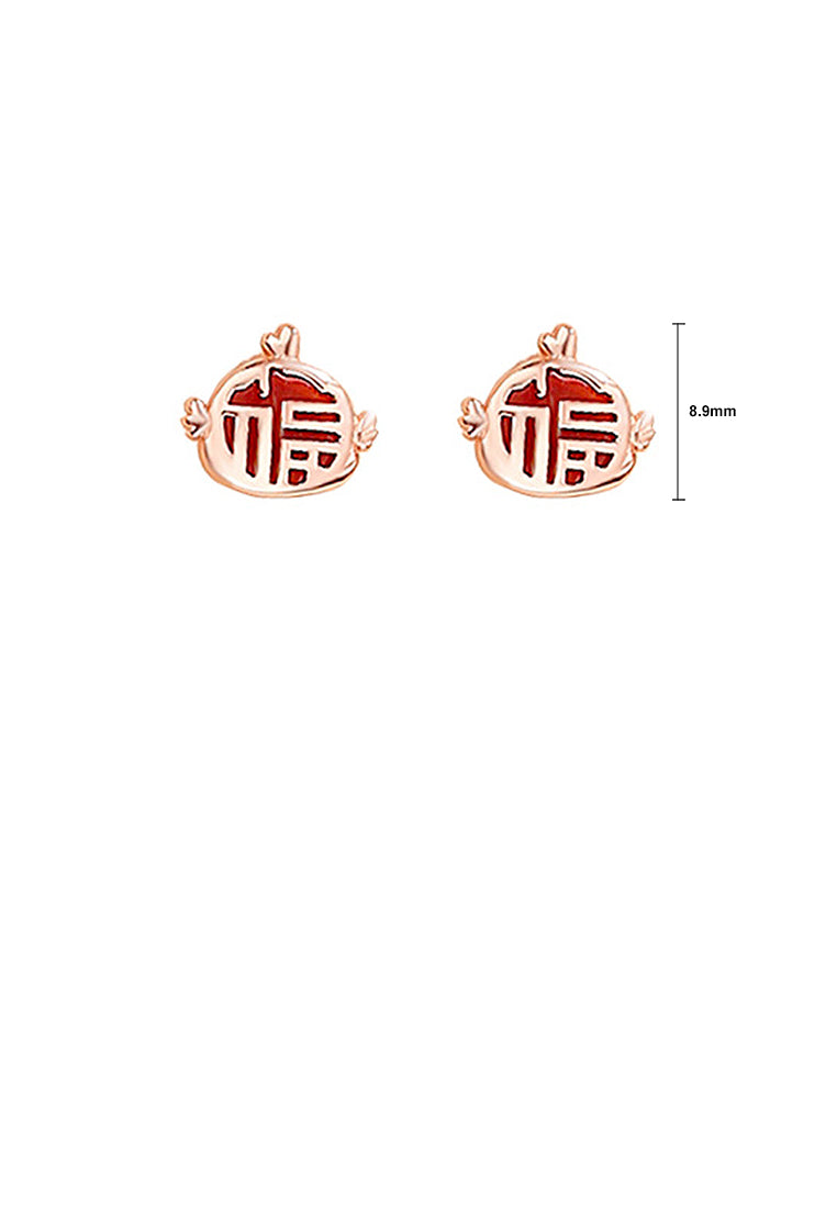 925 Sterling Silver Plated Rose Gold Simple Vintage Zodiac Cock Imitation Agate Stud Earrings with Blessing Character