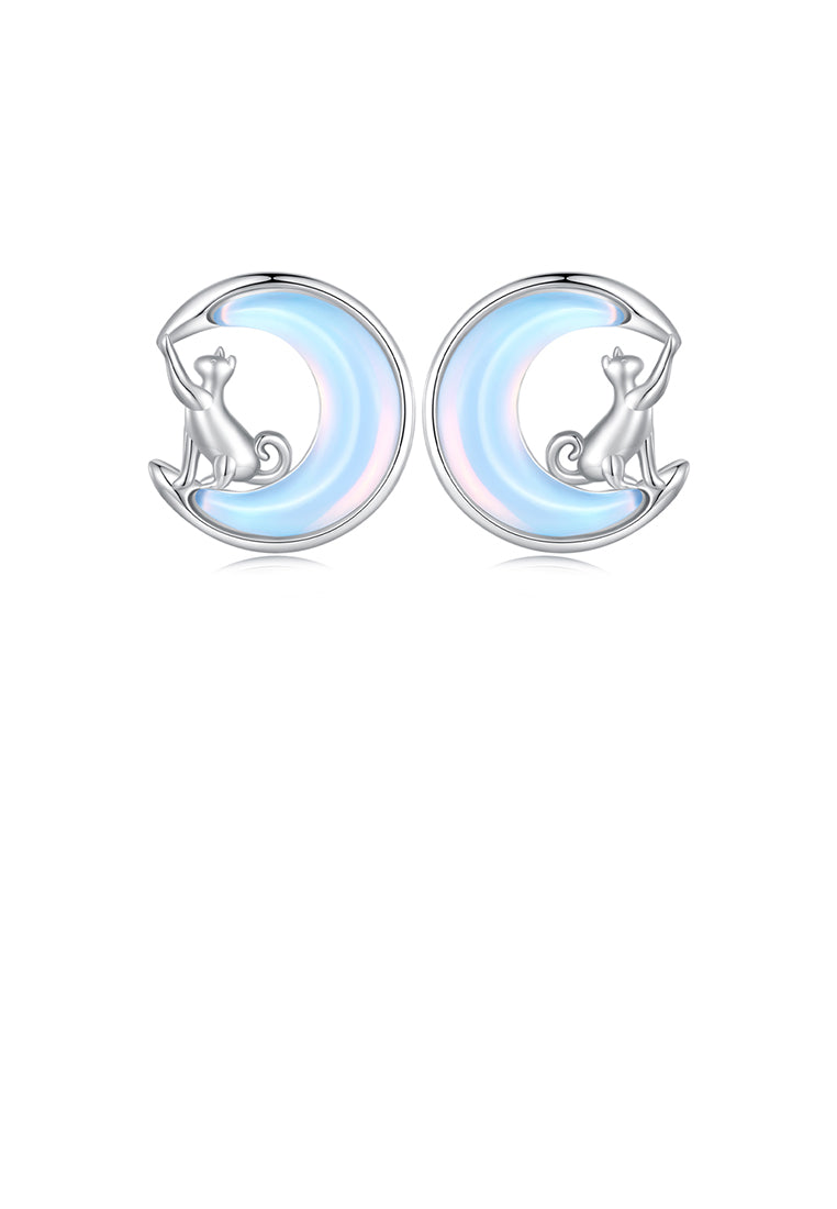925 Sterling Silver Simple Cute Moon Cat Stud Earrings