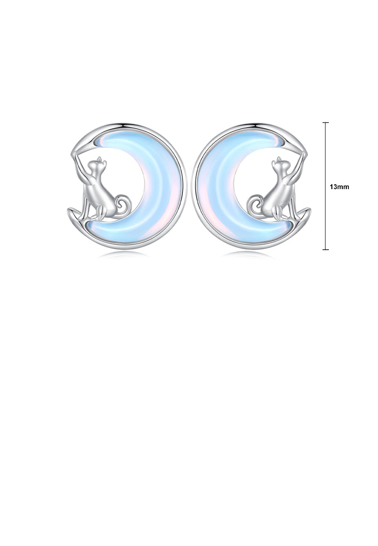 925 Sterling Silver Simple Cute Moon Cat Stud Earrings