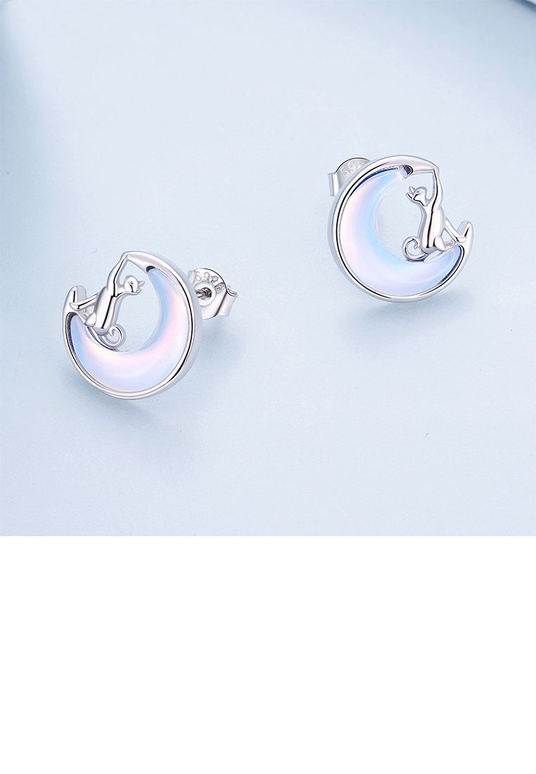 925 Sterling Silver Simple Cute Moon Cat Stud Earrings