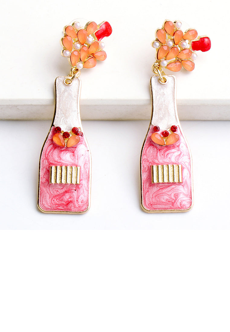 Fashion Temperament Plated Gold Enamel Pink Vase Earrings with Cubic Zirconia - Luxurious Look - Vibrant Color