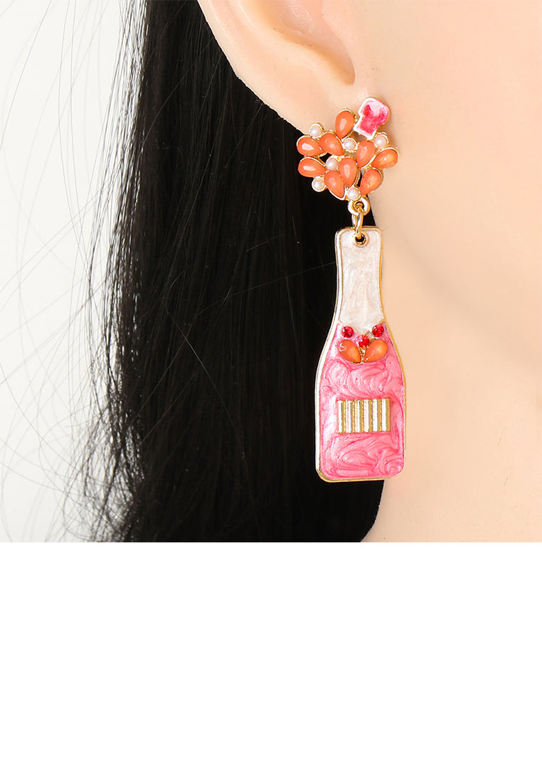 Fashion Temperament Plated Gold Enamel Pink Vase Earrings with Cubic Zirconia - Luxurious Look - Vibrant Color