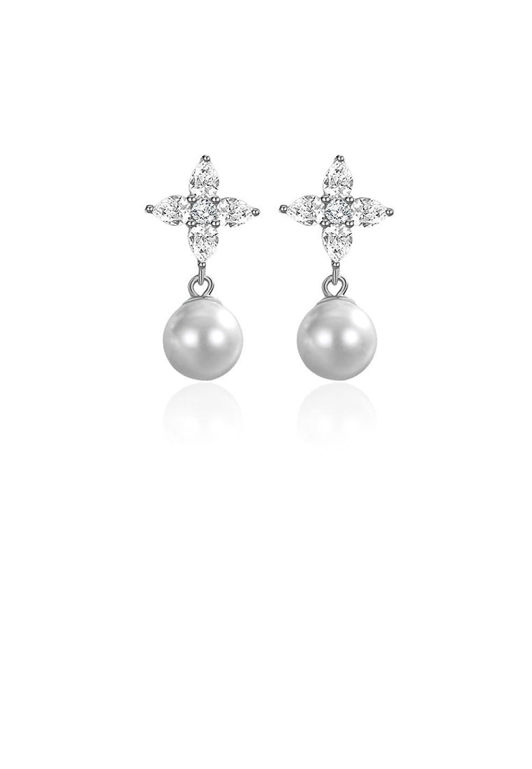 925 Sterling Silver Fashion Elegant Four-Leafed Clover Imitation Pearl Earrings with Cubic Zirconia - Luxurious Look