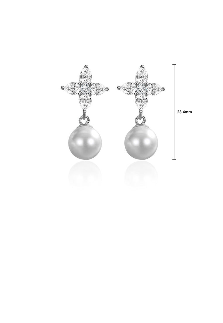 925 Sterling Silver Fashion Elegant Four-Leafed Clover Imitation Pearl Earrings with Cubic Zirconia - Luxurious Look