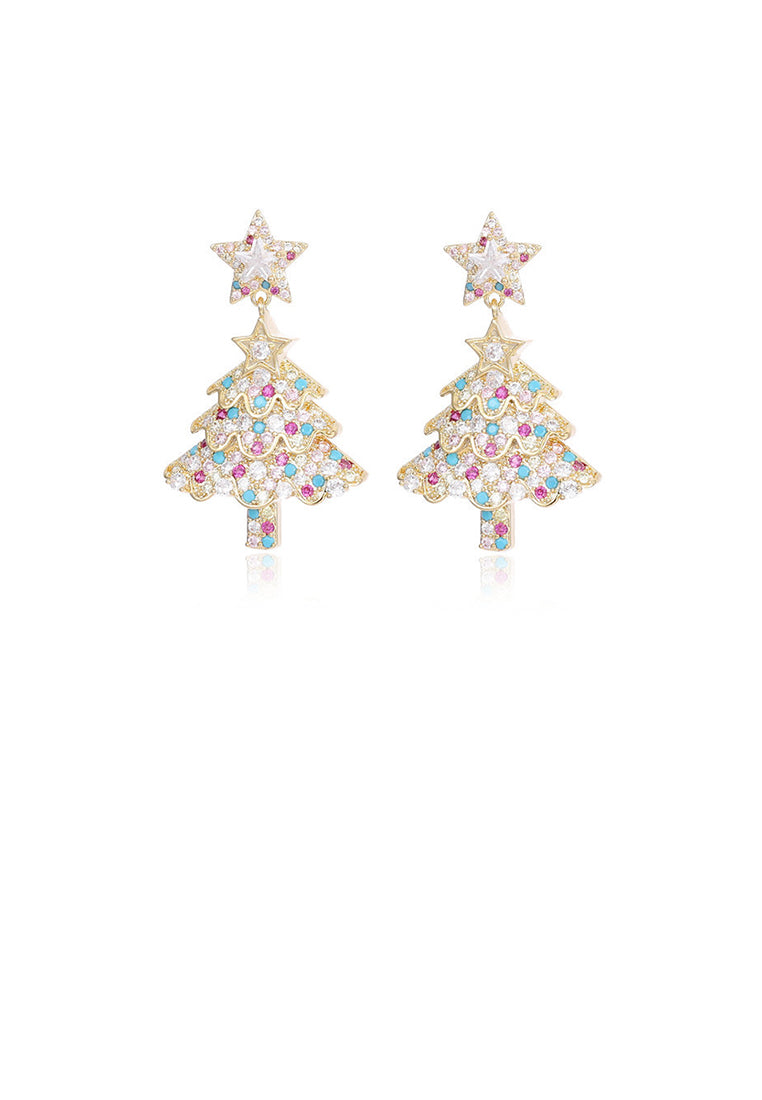 Fashion and Creative Plated Gold Christmas Tree Stud Earrings with Colored Cubic Zirconia - Luxurious Look