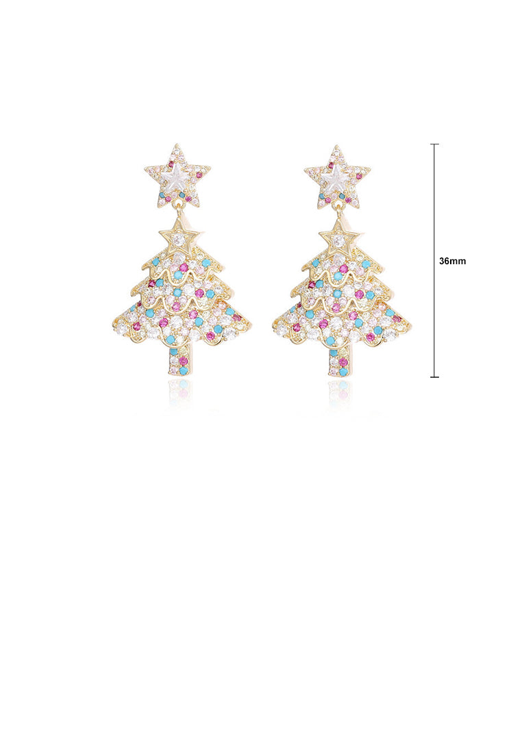 Fashion and Creative Plated Gold Christmas Tree Stud Earrings with Colored Cubic Zirconia - Luxurious Look