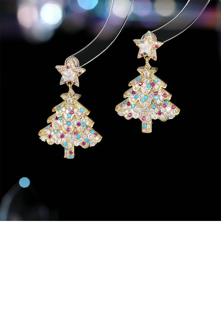 Fashion and Creative Plated Gold Christmas Tree Stud Earrings with Colored Cubic Zirconia - Luxurious Look