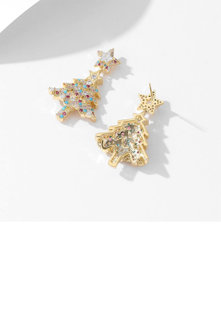 Fashion and Creative Plated Gold Christmas Tree Stud Earrings with Colored Cubic Zirconia - Luxurious Look