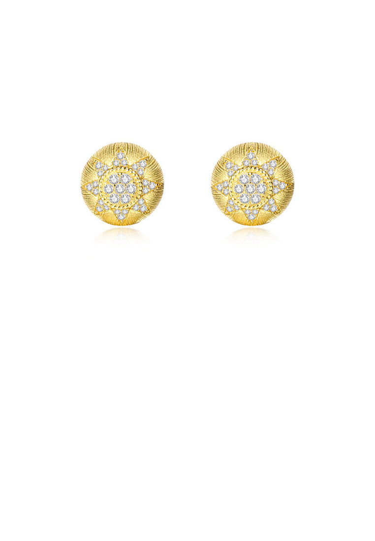 925 Sterling Silver Plated Gold Fashion Simple Sun Pattern Geometric Round Stud Earrings with Cubic Zirconia - Luxurious Look