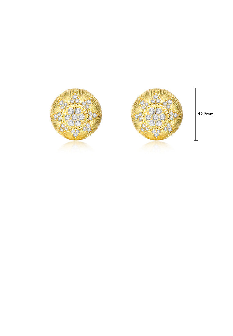 925 Sterling Silver Plated Gold Fashion Simple Sun Pattern Geometric Round Stud Earrings with Cubic Zirconia - Luxurious Look