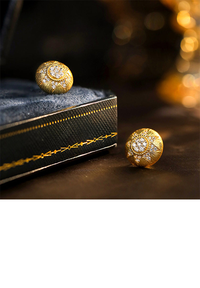 925 Sterling Silver Plated Gold Fashion Simple Sun Pattern Geometric Round Stud Earrings with Cubic Zirconia - Luxurious Look
