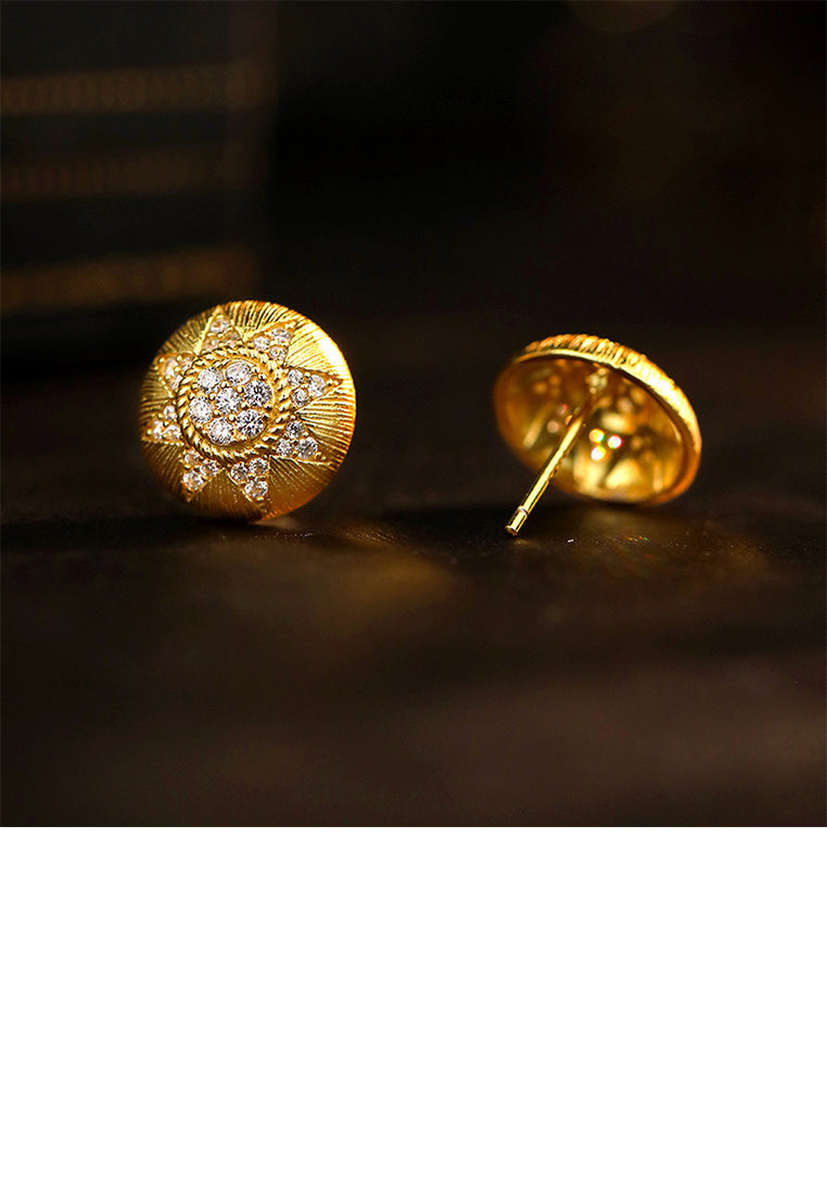925 Sterling Silver Plated Gold Fashion Simple Sun Pattern Geometric Round Stud Earrings with Cubic Zirconia - Luxurious Look