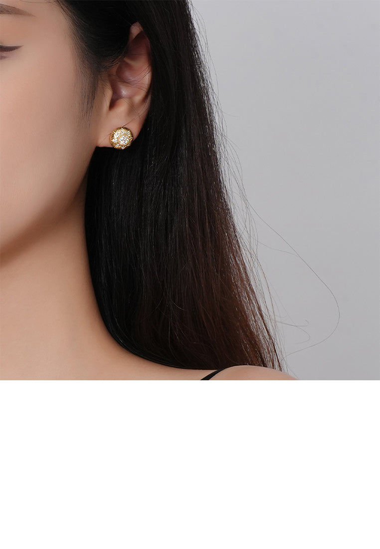 925 Sterling Silver Plated Gold Fashion Simple Sun Pattern Geometric Round Stud Earrings with Cubic Zirconia - Luxurious Look