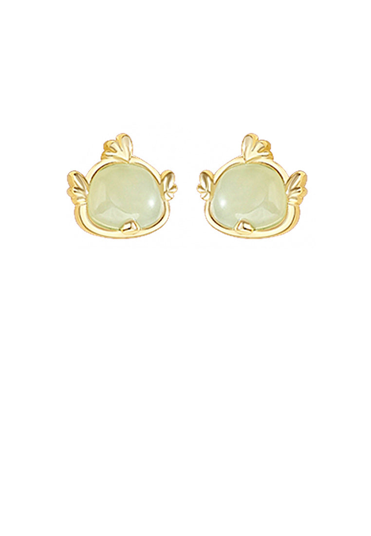 925 Sterling Silver Plated Gold Simple and Elegant Twelve Zodiac Cock Imitation Hetian Jade Stud Earrings