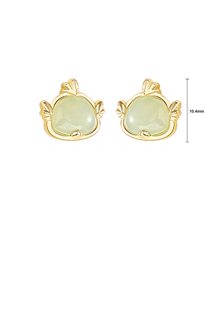 925 Sterling Silver Plated Gold Simple and Elegant Twelve Zodiac Cock Imitation Hetian Jade Stud Earrings