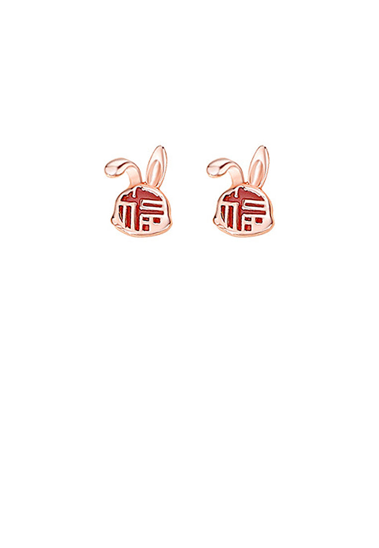 925 Sterling Silver Plated Rose Gold Simple Vintage Zodiac Rabbit Imitation Agate Stud Earrings with Blessing Character