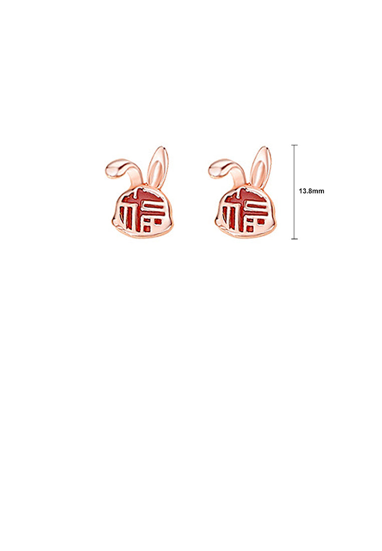 925 Sterling Silver Plated Rose Gold Simple Vintage Zodiac Rabbit Imitation Agate Stud Earrings with Blessing Character