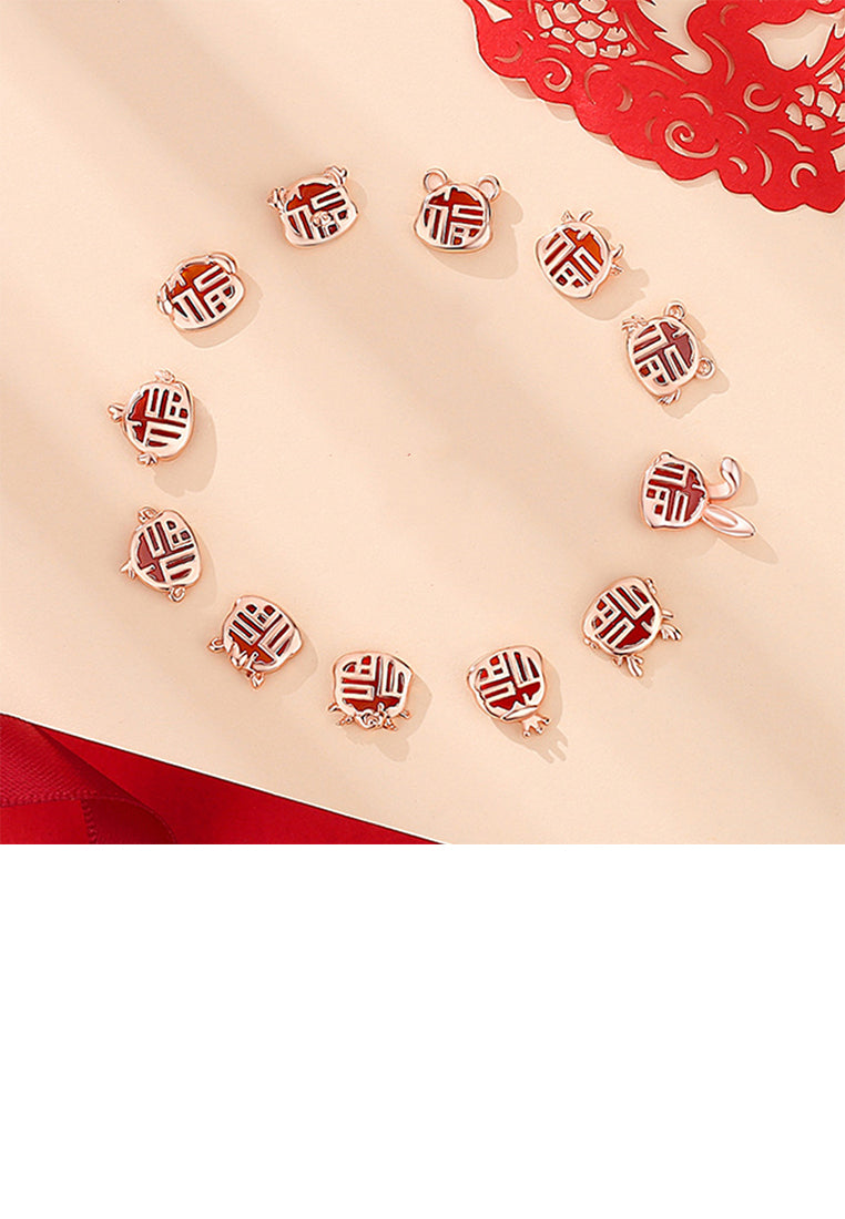 925 Sterling Silver Plated Rose Gold Simple Vintage Zodiac Rabbit Imitation Agate Stud Earrings with Blessing Character