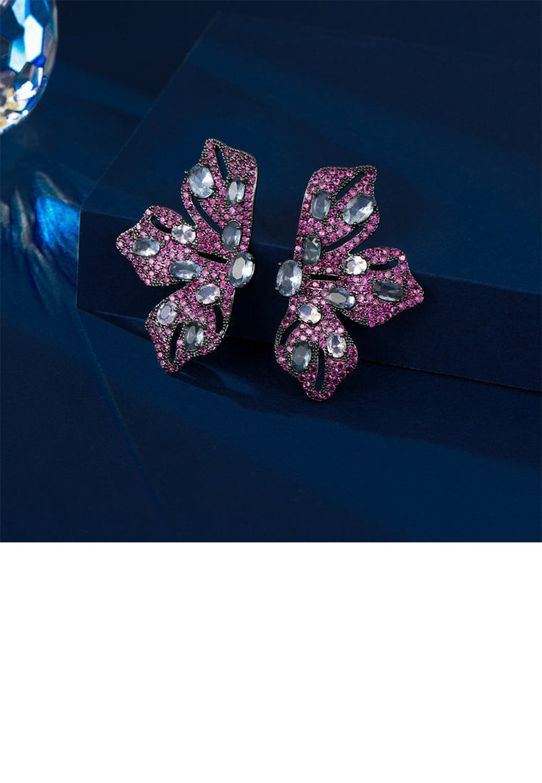 Elegant Brilliant Rose Red Flower Stud Earrings with Cubic Zirconia - Luxurious Look - Vibrant Color
