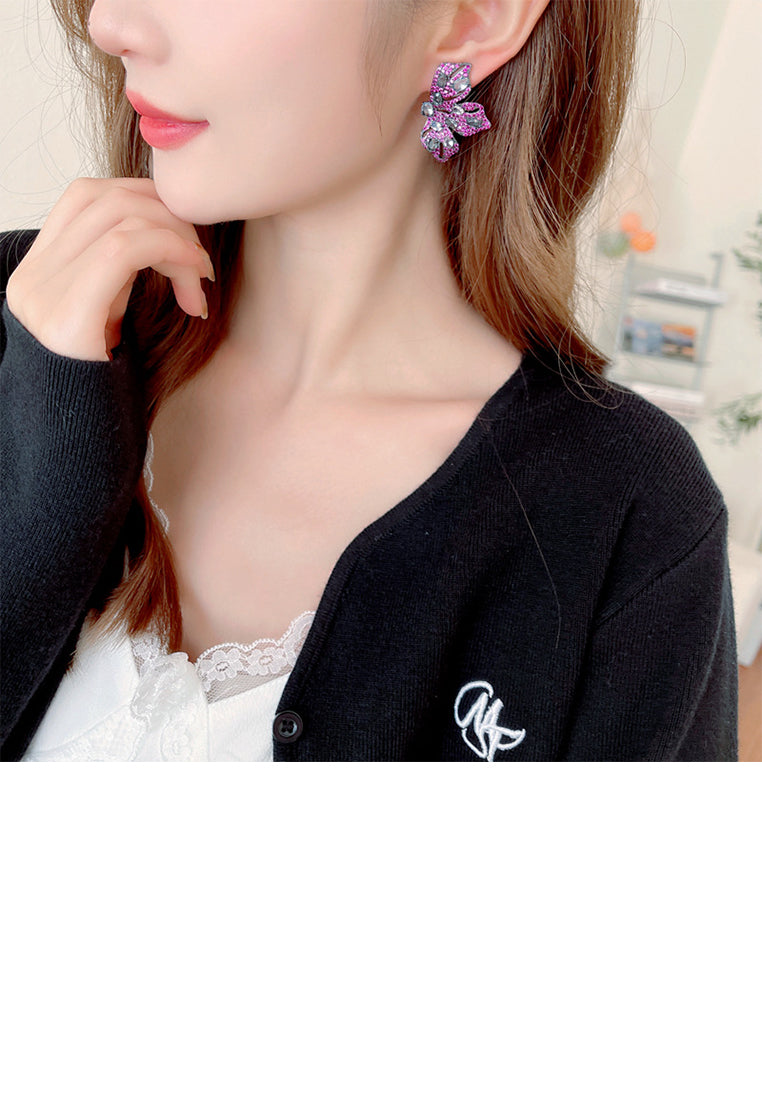 Elegant Brilliant Rose Red Flower Stud Earrings with Cubic Zirconia - Luxurious Look - Vibrant Color