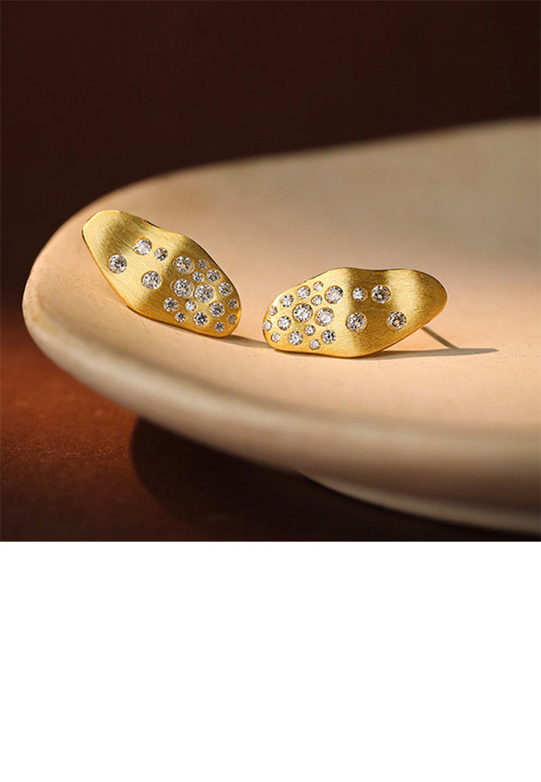 925 Sterling Silver Plated Gold Simple Fashion Irregular Geometric Stud Earrings with Cubic Zirconia - Luxurious Look