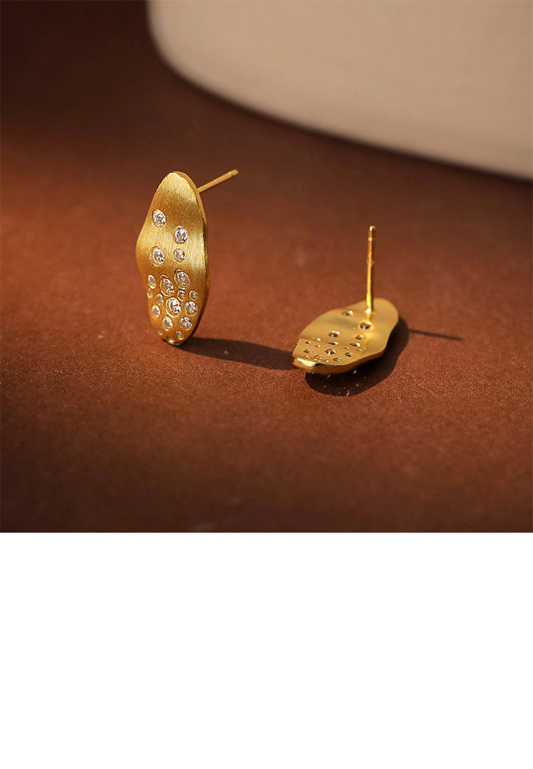 925 Sterling Silver Plated Gold Simple Fashion Irregular Geometric Stud Earrings with Cubic Zirconia - Luxurious Look