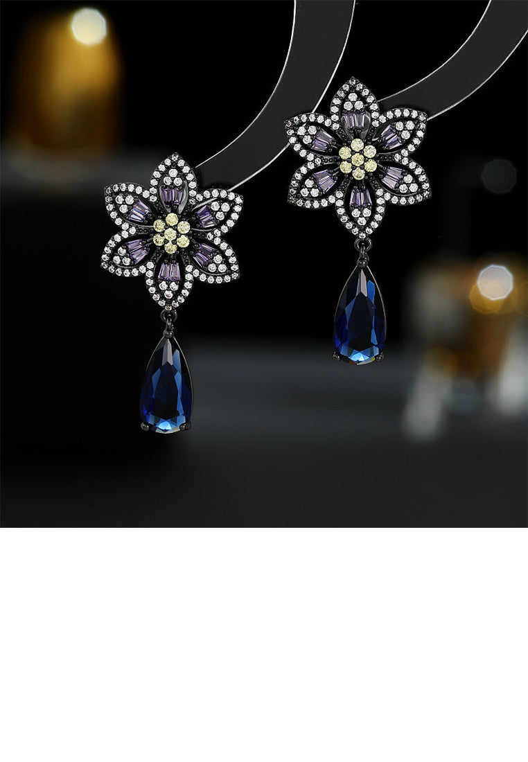 Fashion Vintage Plated Black Flower Water Drop Earrings with Cubic Zirconia - Luxurious Look