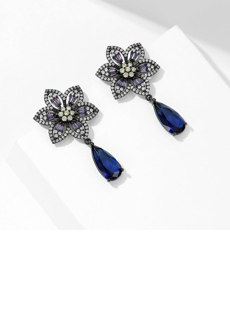 Fashion Vintage Plated Black Flower Water Drop Earrings with Cubic Zirconia - Luxurious Look