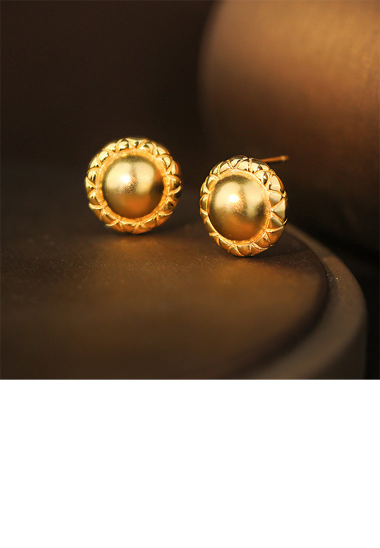925 Sterling Silver Plated Gold Simple Fashion Lace Geometric Round Stud Earrings