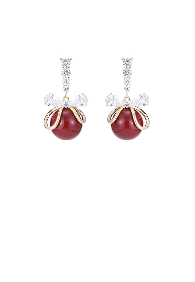 Fashion and Elegant Plated Gold Ribbon Red Imitation Pearl Earrings with Cubic Zirconia - Luxurious Look - Vibrant Color