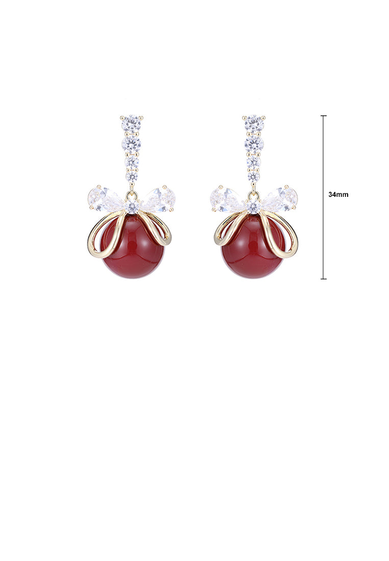 Fashion and Elegant Plated Gold Ribbon Red Imitation Pearl Earrings with Cubic Zirconia - Luxurious Look - Vibrant Color