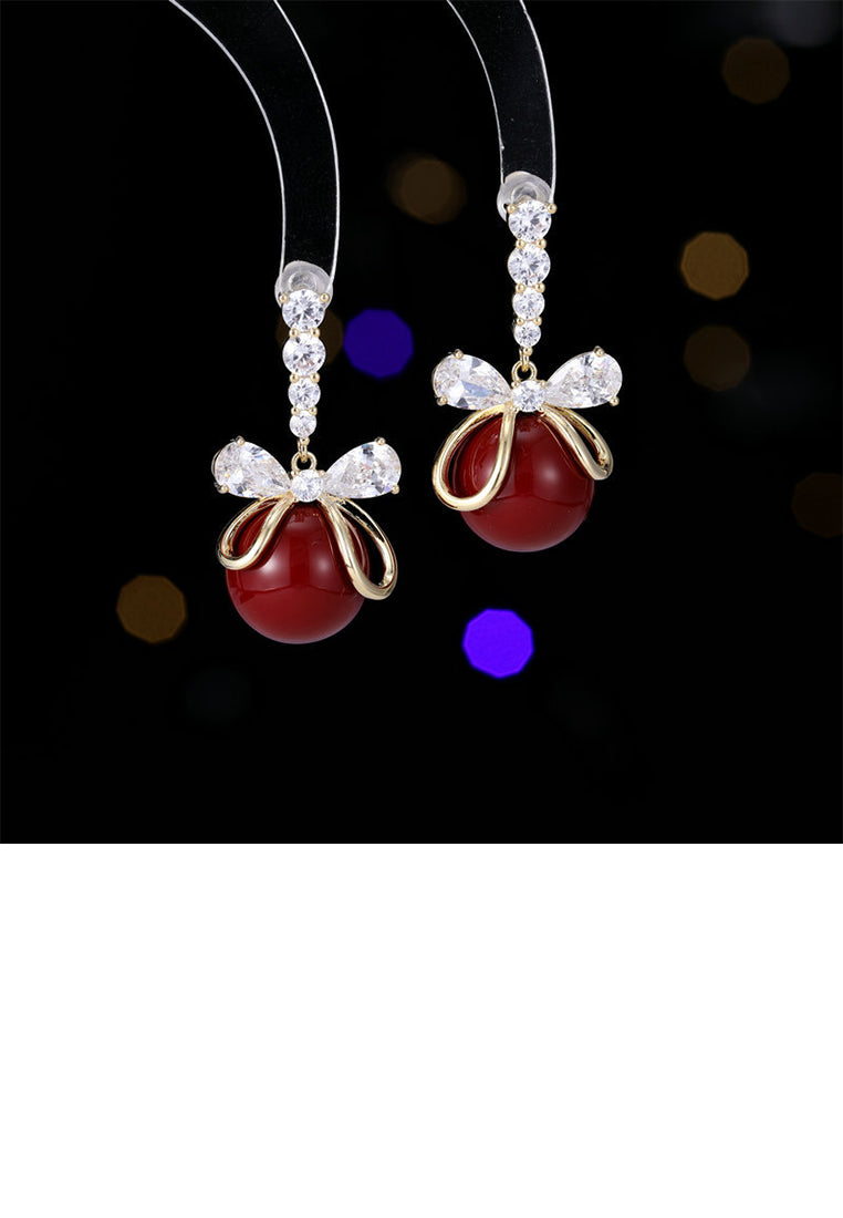 Fashion and Elegant Plated Gold Ribbon Red Imitation Pearl Earrings with Cubic Zirconia - Luxurious Look - Vibrant Color