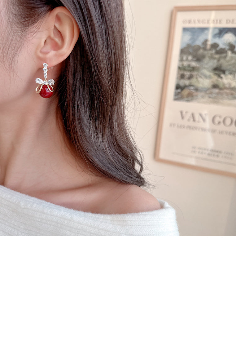 Fashion and Elegant Plated Gold Ribbon Red Imitation Pearl Earrings with Cubic Zirconia - Luxurious Look - Vibrant Color