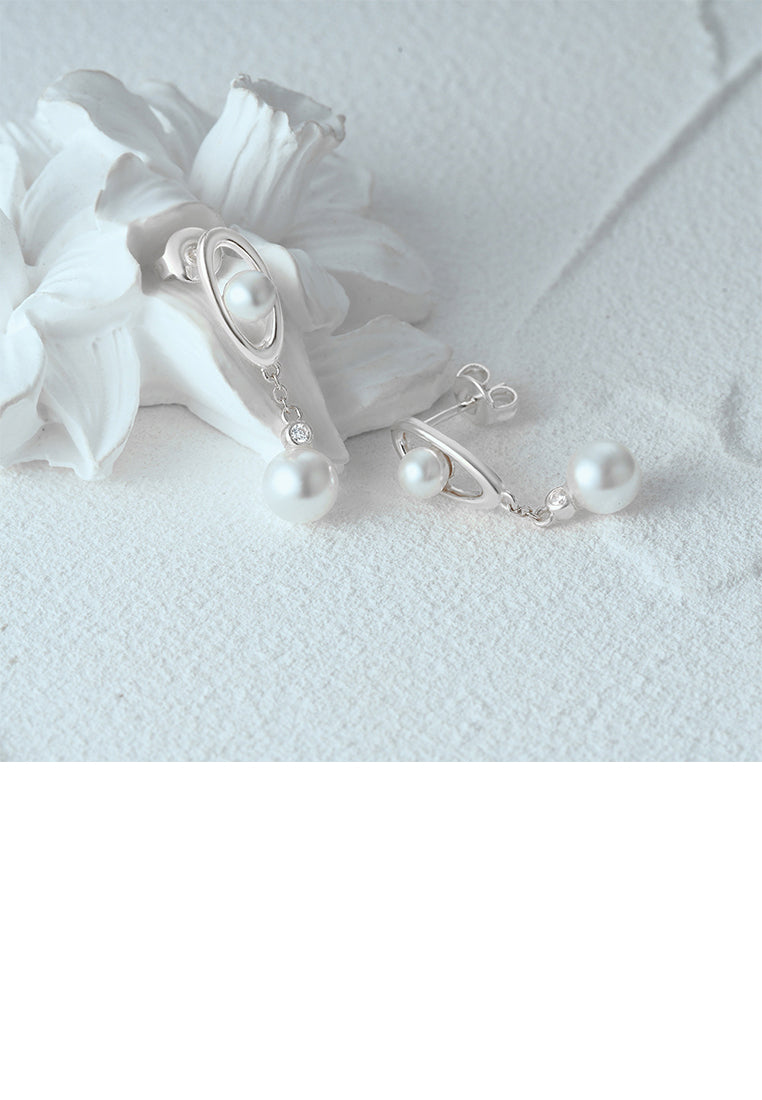 925 Sterling Silver Fashion Elegant Geometric Oval Earrings with Imitation Pearls