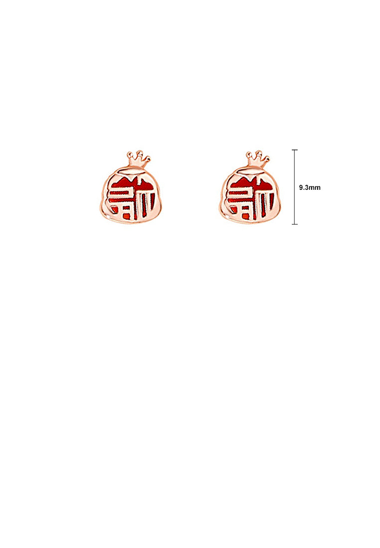 925 Sterling Silver Plated Rose Gold Simple Vintage Zodiac Snake Imitation Agate Stud Earrings with Blessing Character